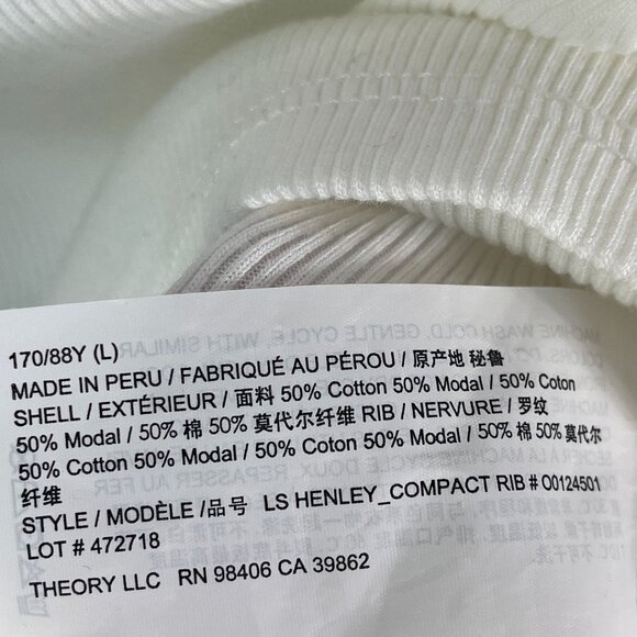 Theory Womens Large White Long Sleeve Henley Shirt Ribbed Stretch Top - Picture 4 of 8